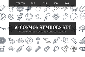 Cartoon Outline Cosmos Symbols Set