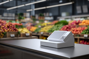 A sleek modern cash register in a vibrant grocery store filled with fresh fruit, a Business Photo by ImageMir