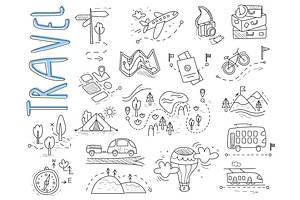 Travel, Camping Icons In Doodle