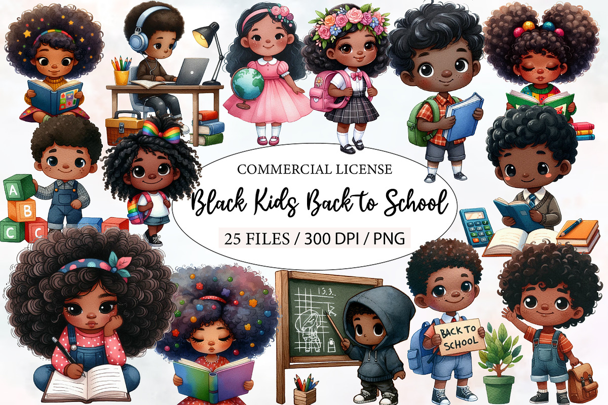 Black Kids Back to School Clipart, a Seasonal Illustration by Designworld (Photo 1 of 6)
