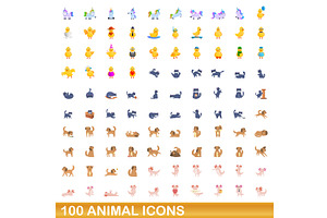 100 Animal Icons Set, Cartoon Style