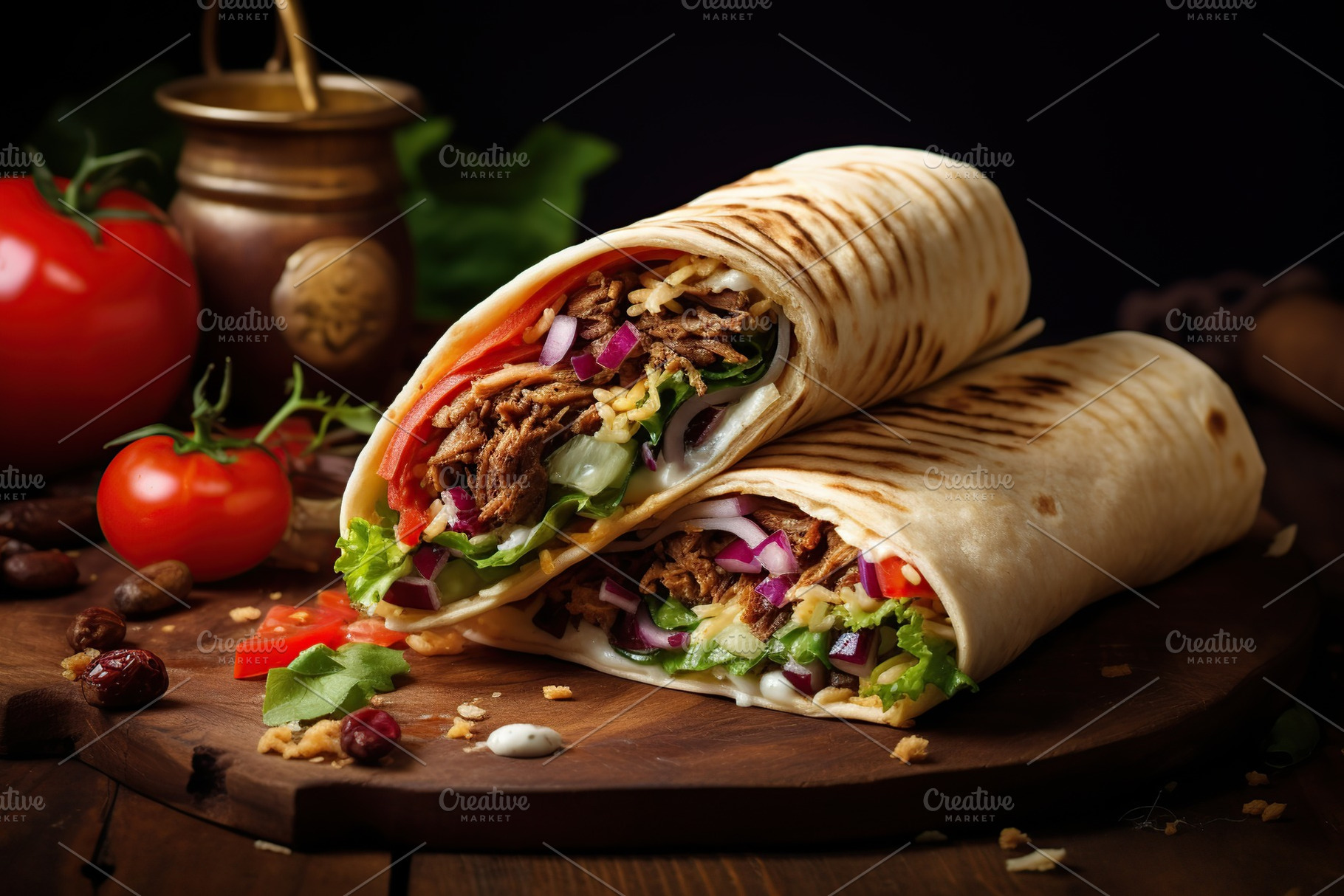 Tasty doner kebab on wooden background, a Food & Drink Photo by AlyaAnd