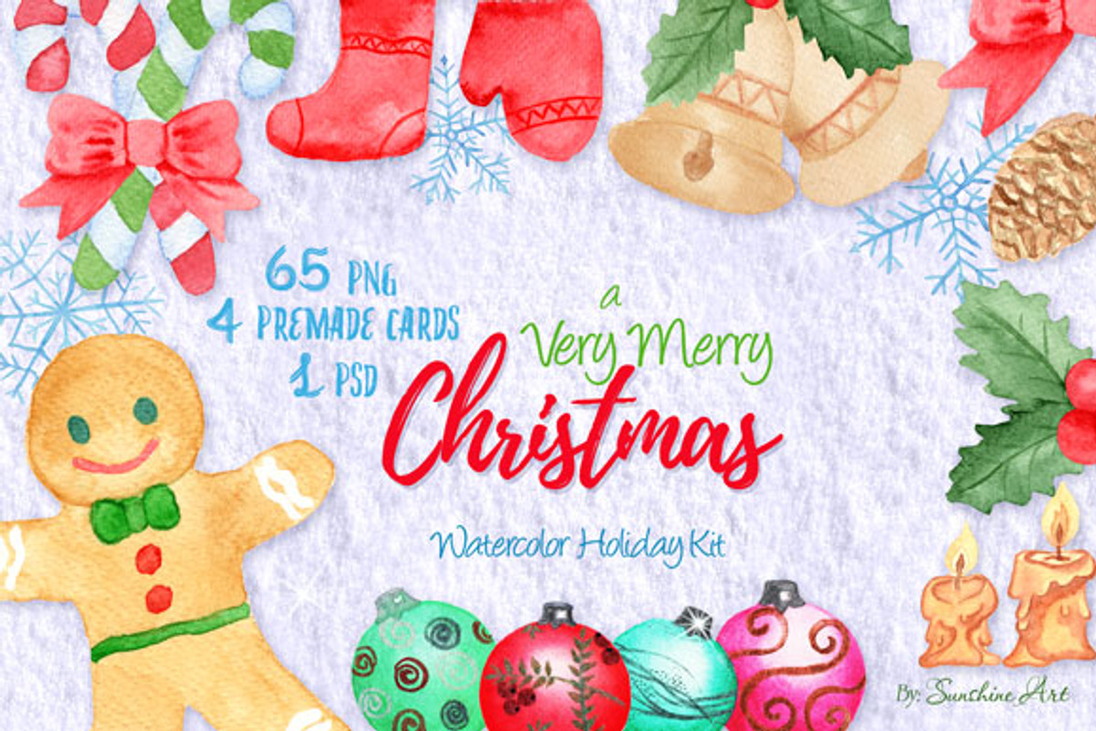 Very Merry Christmas Watercolor Kit, a Decorative Illustration by Sunshine Art Shop (Photo 1 of 8)