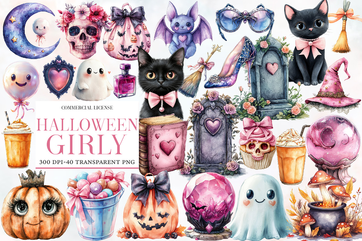 Watercolor Girly Halloween Clipart, an Illustration by Designworld (Photo 1 of 6)