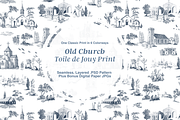 Old Church Toile de Jouy Print, a Background Graphic by Hughes Studio (Thumbnail 1 of 7)