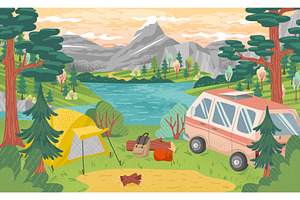 Camping site with tent, bonfire and, a Sport Illustration by vectorpointstudio