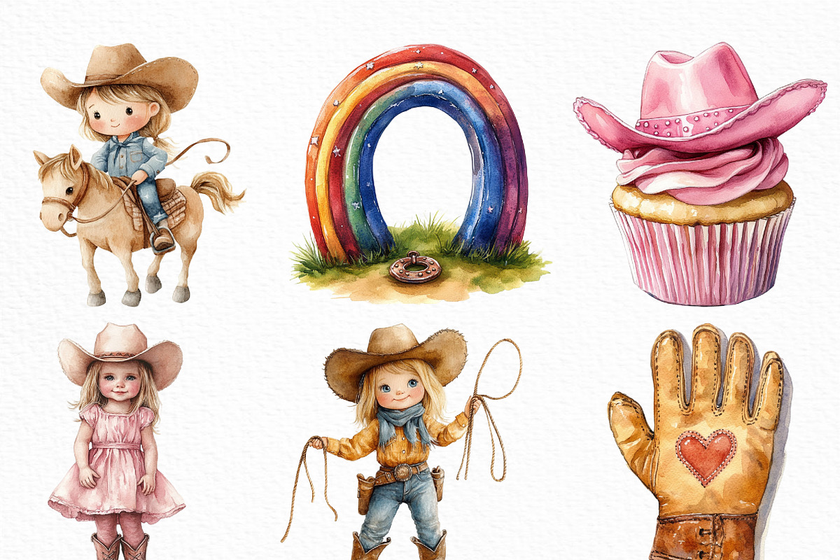 Watercolor Cute Cowgirl Clipart, an Illustration by Craft Nest (Photo 2 of 6)