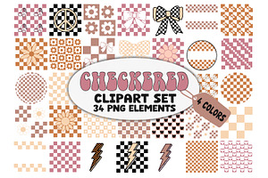 Checkered Taupe Retro Clipart Set