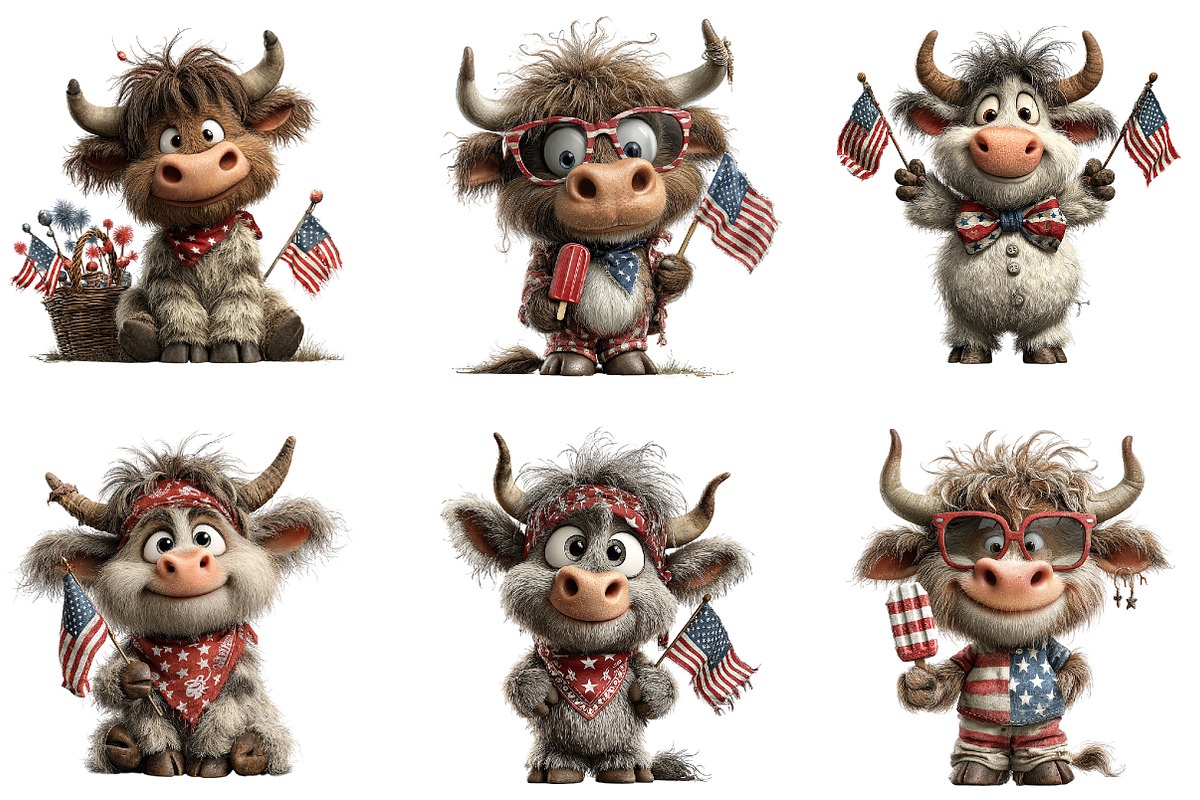 Patriotic Highland Cow Clipart, an Animal Illustration by Designking (Photo 3 of 5)