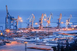 Sea commercial port at night in Mariupol, Ukraine before the war, an Industrial Photo by den-belitsky
