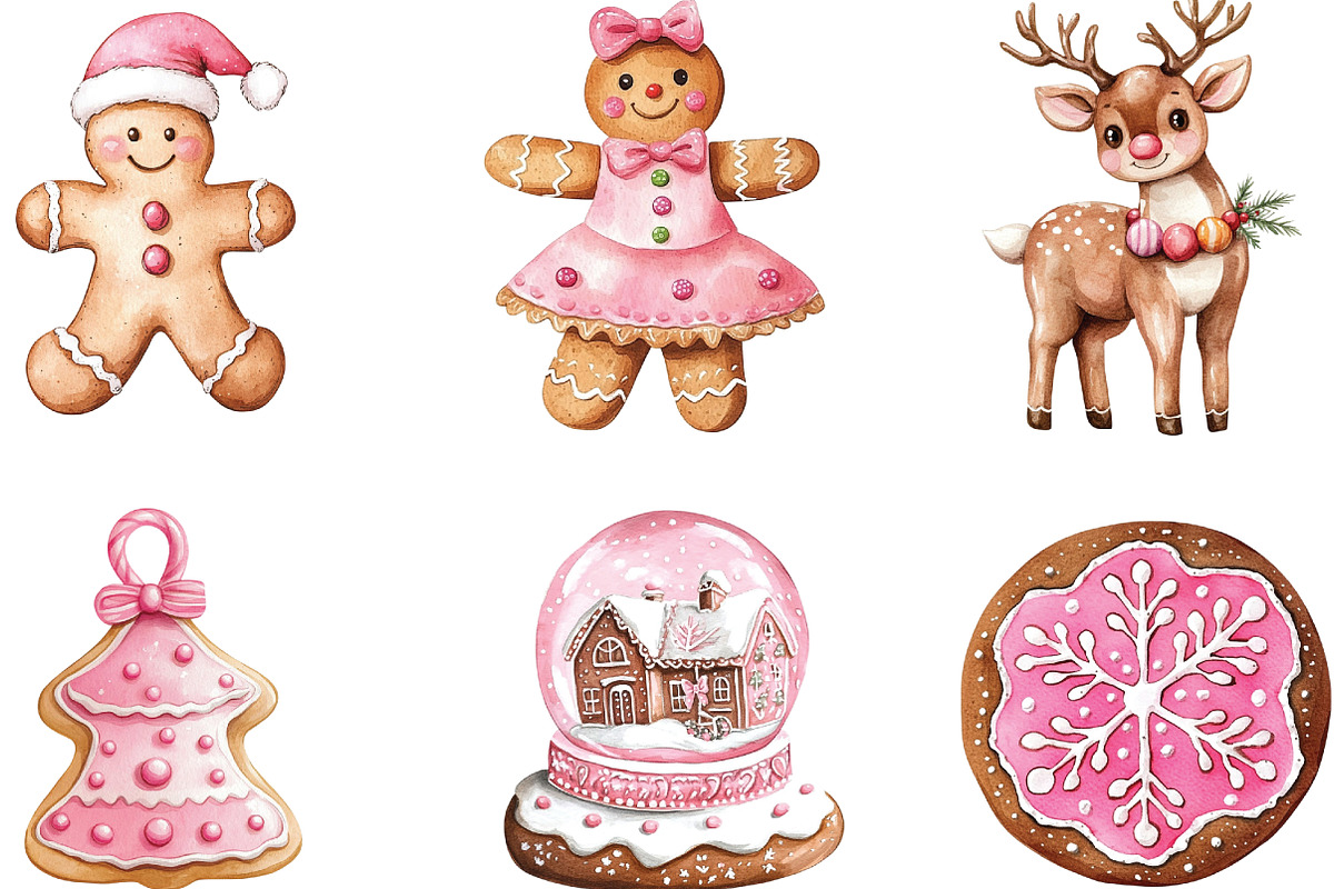 Watercolor Pink Gingerbread Clipart, an Illustration by CraftArtStudio (Photo 2 of 6)