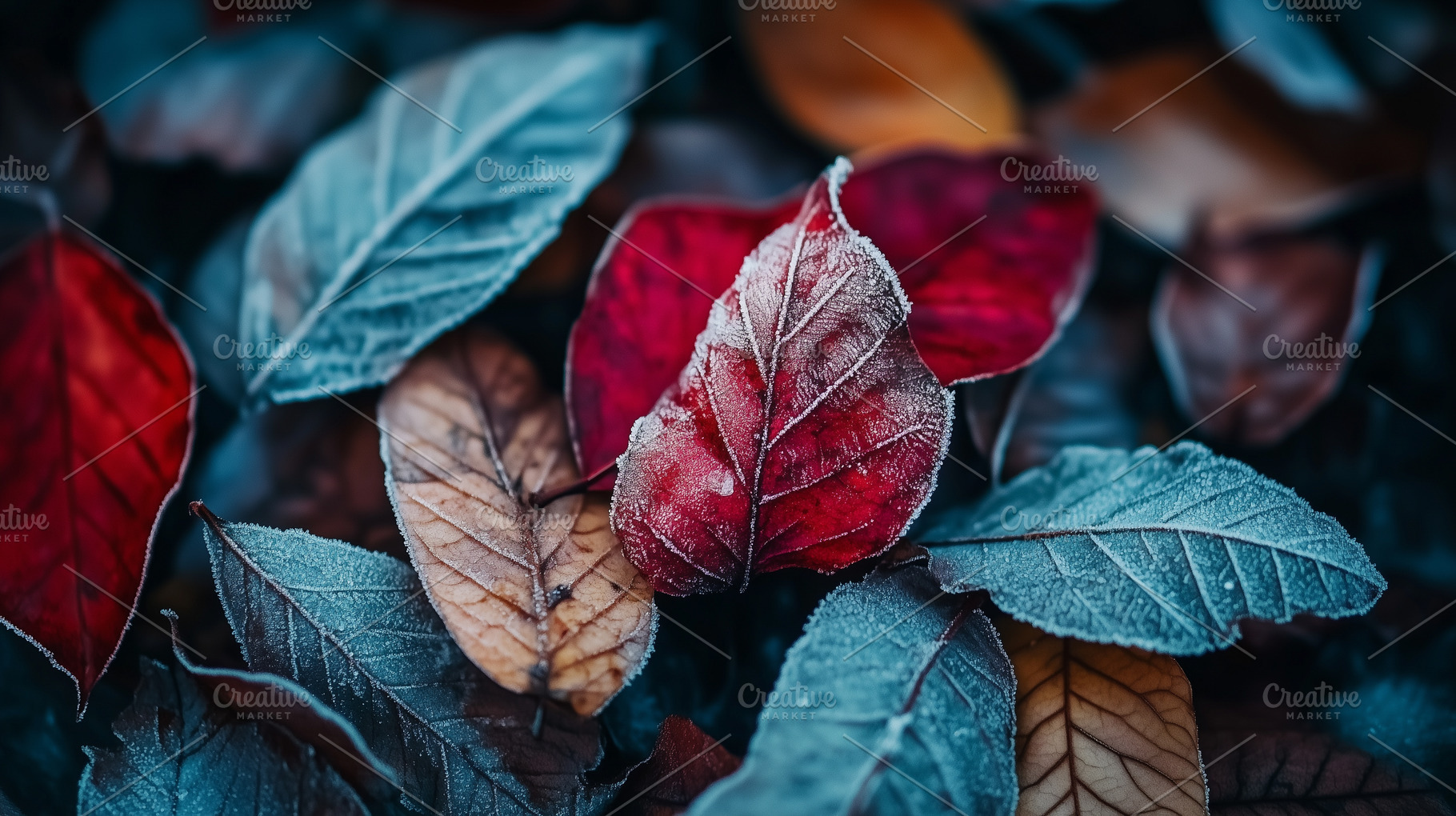 Frozen red and yellow leaves, a Nature Photo by MistyDay