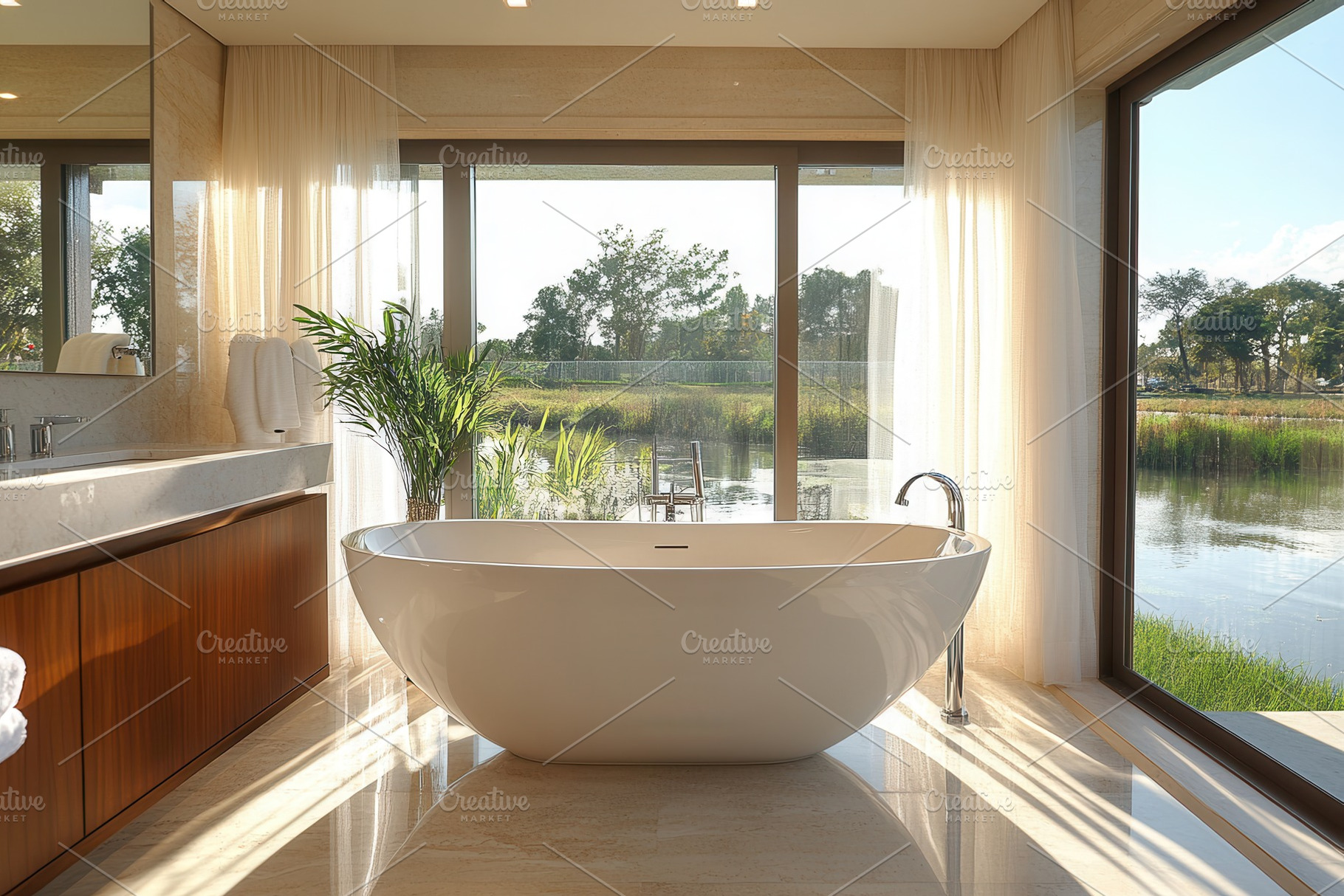 Elegant bathroom featuring a freesta, a Photo by Tanuart