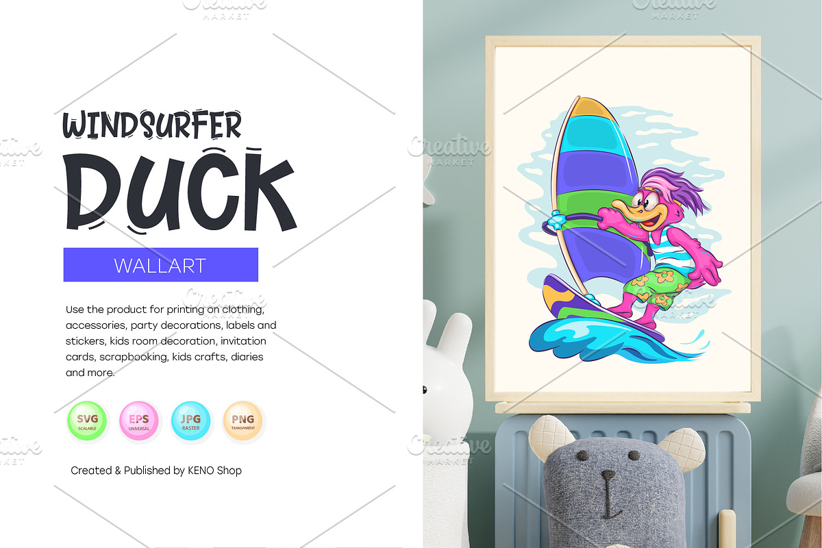Cartoon Duck Windsurfer. Tshirt, PNG, an Animal Illustration by KENO Mascots (Photo 4 of 7)