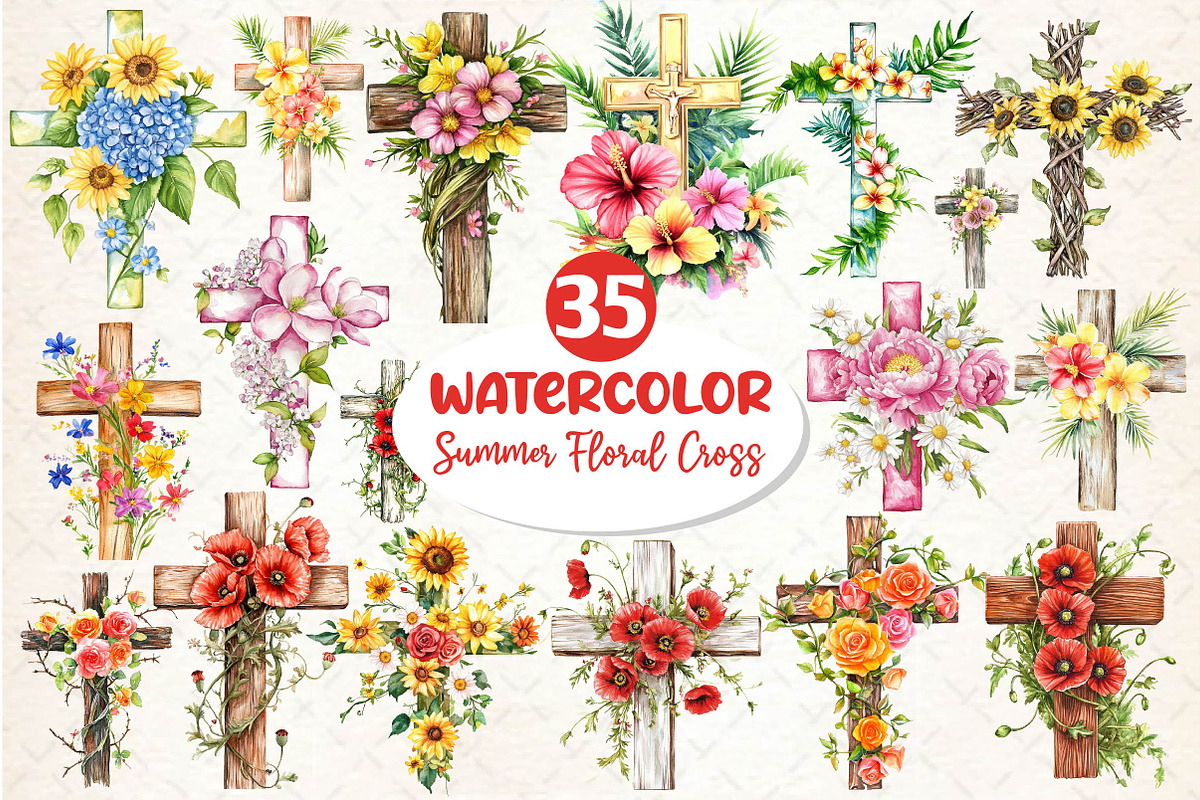 Summer Floral Cross Clipart, an Illustration by Dream Creation (Photo 1 of 3)