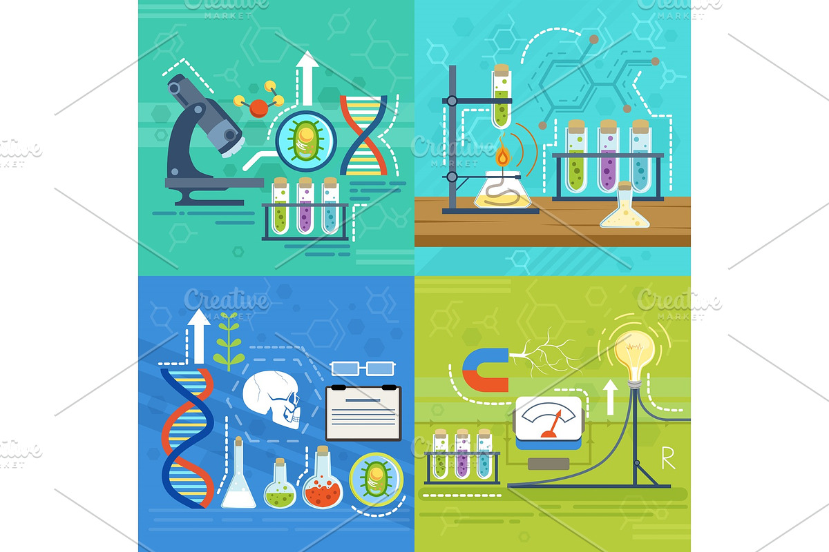 Conceptual illustrations of science with different chemist symbols ...