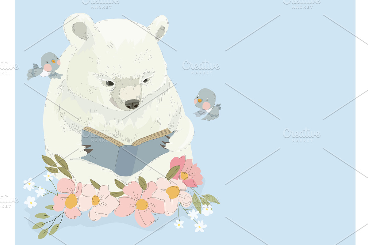Cute Polar Bear reading Book sitting, an Object Illustration by Maria Starus