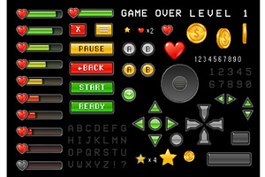 8bit pixel game interface buttons, a Technology Illustration by Vector Tradition