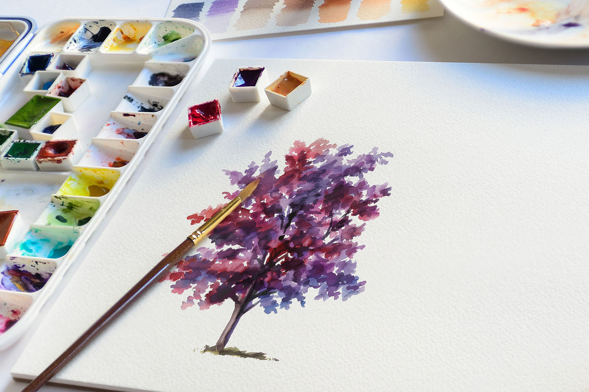 Watercolor Purple Tree Vector Set, a Pattern Graphic by Deckar_art