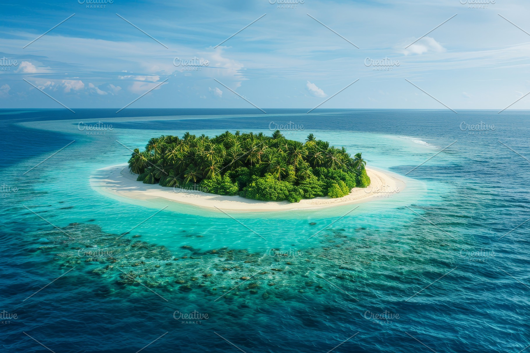 A stunning tropical island with palm, a Photo by Tanuart