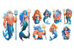 poseidon with mermaid cartoon. sea, an Animal Illustration by Stock-Smart-Start
