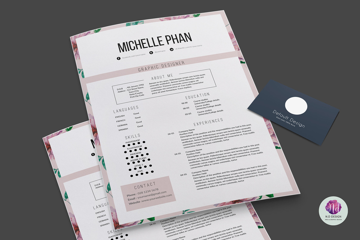Floral 1 page resume template, a Resume Template by Chic templates (Photo 3 of 4)