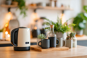 Cozy kitchen space with kettle and mugs surrounded by greenery and warm lightin, a Photo by AlyaAnd