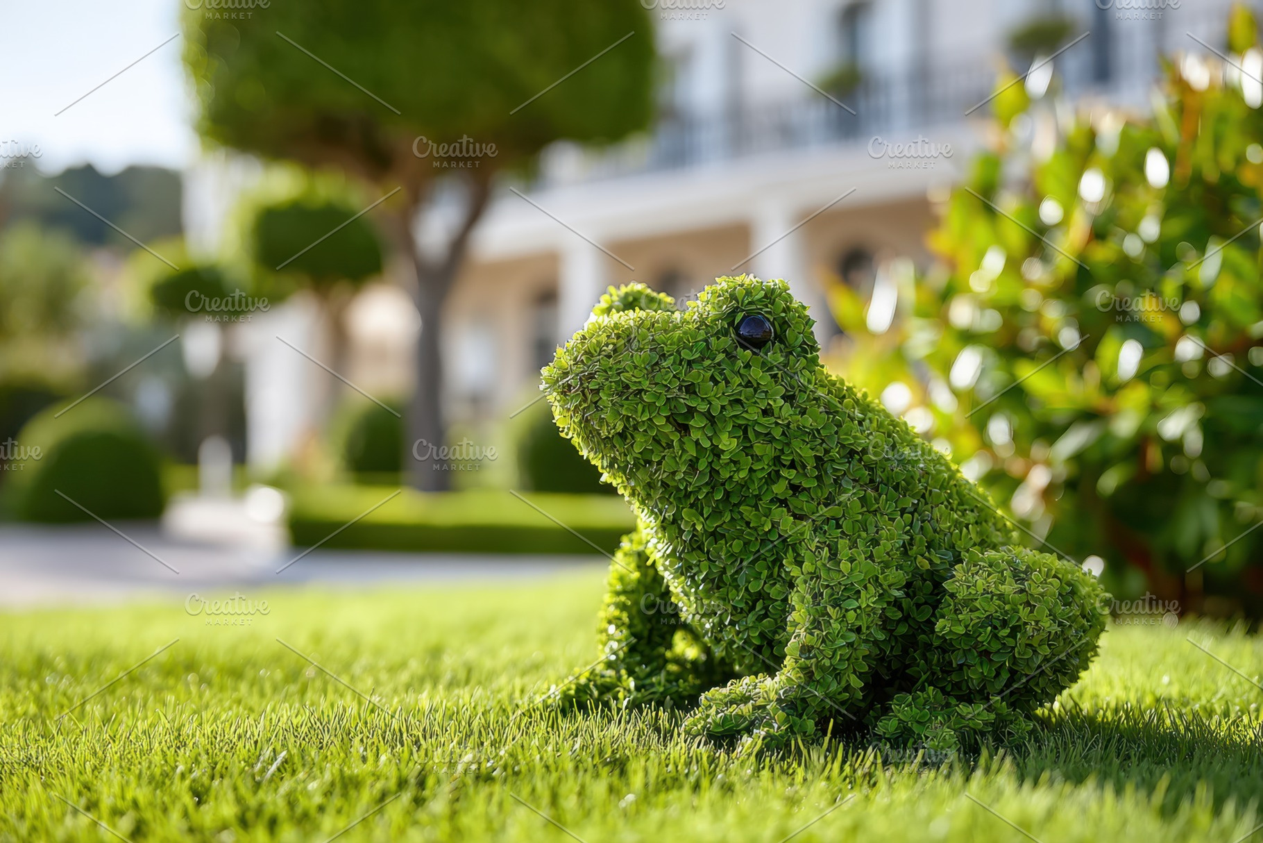 Topiary sculpture of a frog made from green bushes, a Nature Photo by AlyaAnd