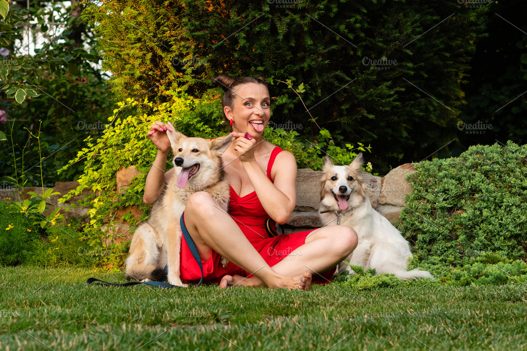 Woman sitting with dogs outdoors in, an Animal Photo by Elena Vagengeim