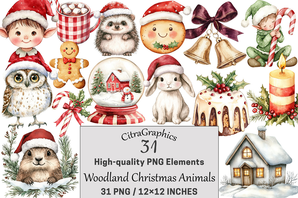 Woodland Christmas Animals Clipart, a Seasonal Illustration by CitraGraphics (Photo 1 of 6)