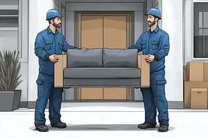 Two movers transporting a gray sofa in a modern indoor setting during daylight, a Photo by AlyaAnd