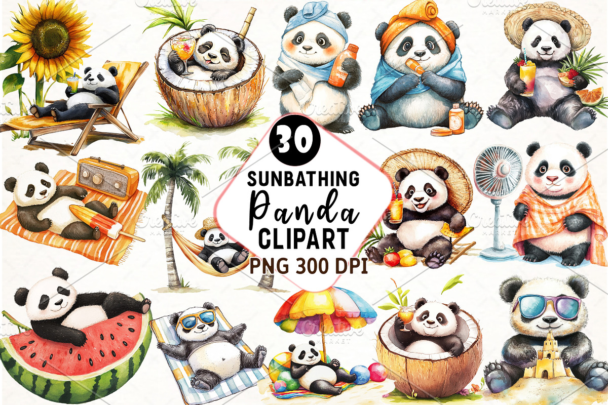 Funny Sunbathing Panda Clipart, an Illustration by Watercolor design (Photo 1 of 4)