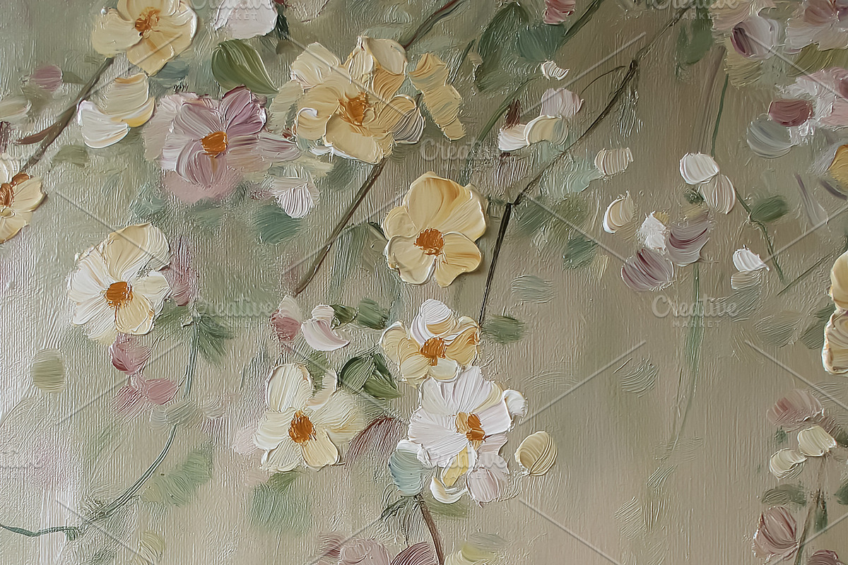 Oil painting with impasto flowers, soft pastels creating a bloom, a Decorative Illustration by Studio ANNA