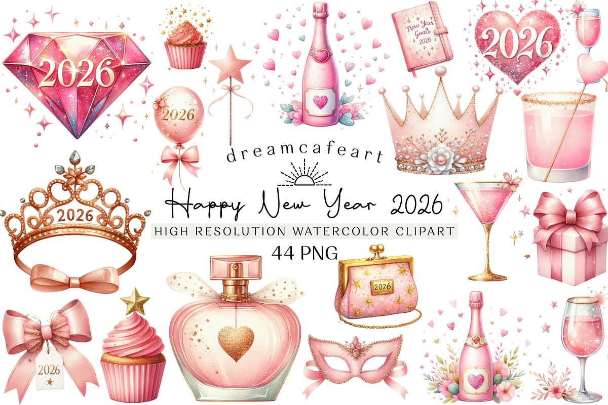 Happy New Year 2026 Clipart, an Illustration by DreamCafeArt (Photo 1 of 6)