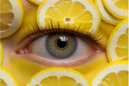 Citrusy Man lemon eyes. Generate AI, a Food & Drink Photo by Ylivdesign