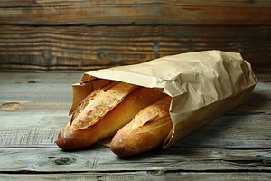 Freshly baked baguette in paper bag on wooden table, a Food & Drink Photo by AlyaAnd