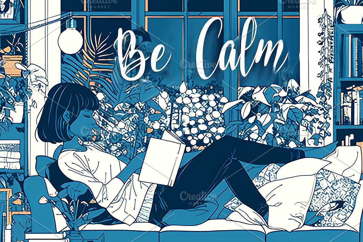 Young woman relaxing comfortably with plants in a cozy living room, an Illustration by AS photostudio