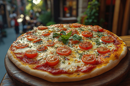 Fresh homemade pizza with cheese and meat, a Food & Drink Photo by AlyaAnd