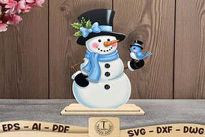 Snowman with Bird Laser Cut File Svg