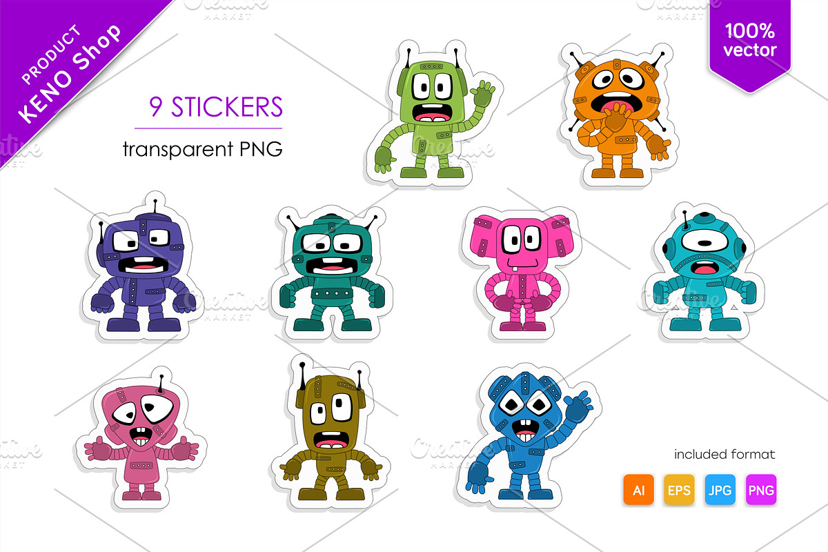 9 Funny cartoon robots. Tshirt, PNG., an Animal Illustration by KENO Mascots (Photo 3 of 5)