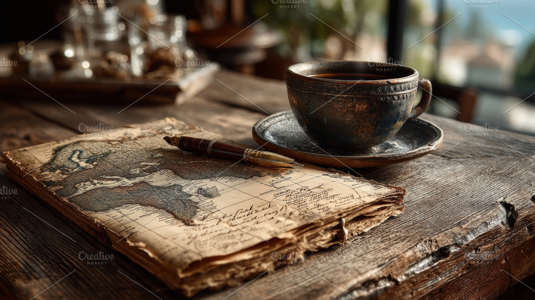 Rustic coffee and antique map notebook on a weathered wooden desk beside a dark, a Photo by AS photostudio