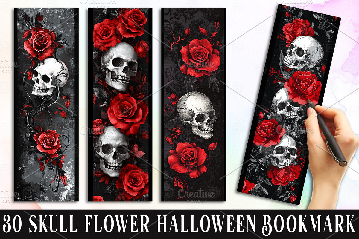 Skull Flower, Halloween Bookmark png, an Illustration by Watercolor design (Photo 1 of 3)
