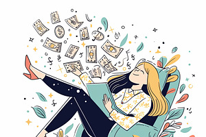Woman Reading and Relaxing Surrounded by Dollar Notes and Plants, an Illustration by AS photostudio