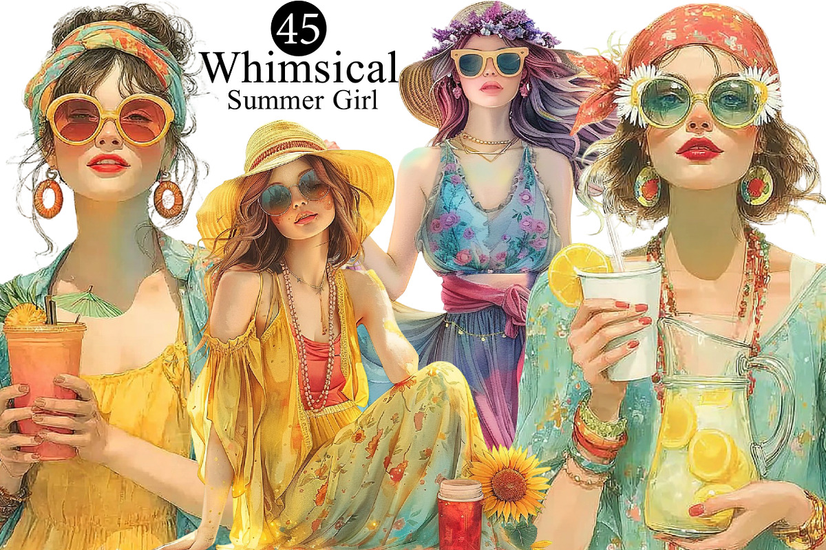 Whimsical Summer Girl Clipart, an Illustration by DreamArtGraphic (Photo 1 of 8)