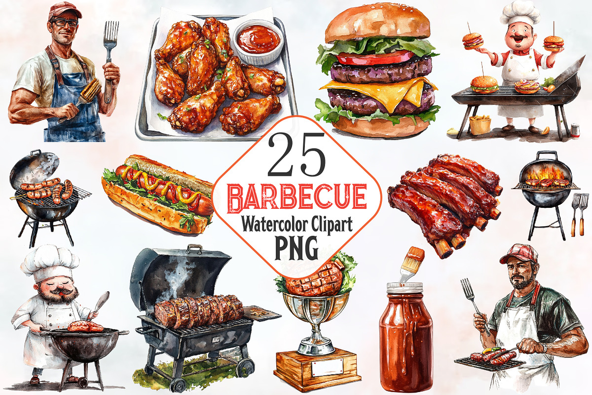 Barbecue Watercolor Cliparts, a Food Illustration by RobertsArt