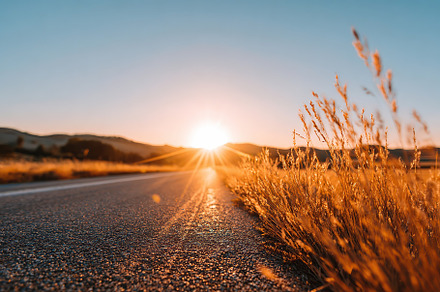 Countryside road stretching toward the horizon as the sun sets over golden gras, a Nature Photo by AlyaAnd