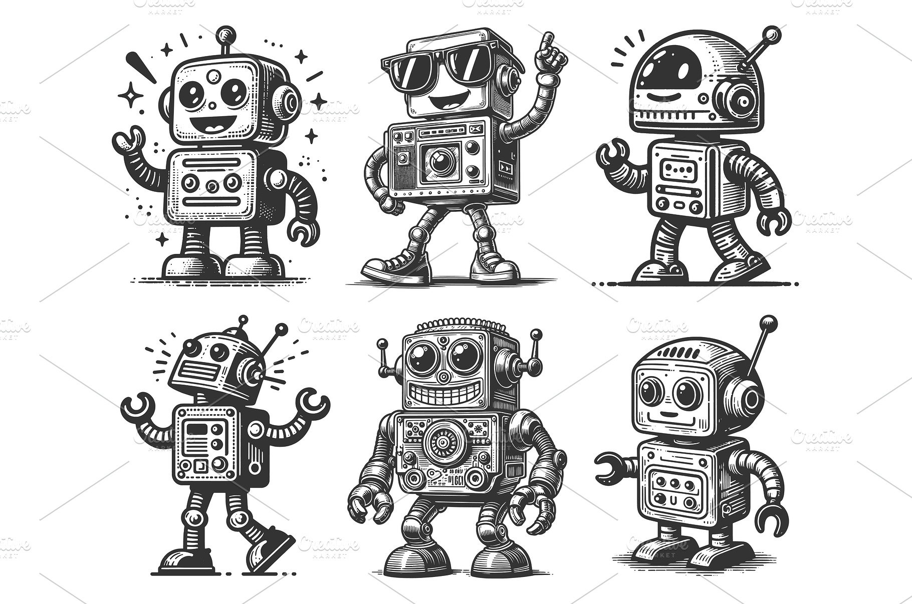 Cheerful Retro Robots engraving, a Photo by AlexArt