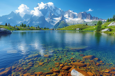 Serene Summer Vista at Lac Blanc with Clear Waters and Snowy Mountain Backdrop, a Photo by AS photostudio