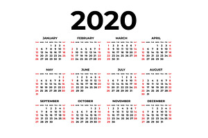 Calendar For 2020 On White