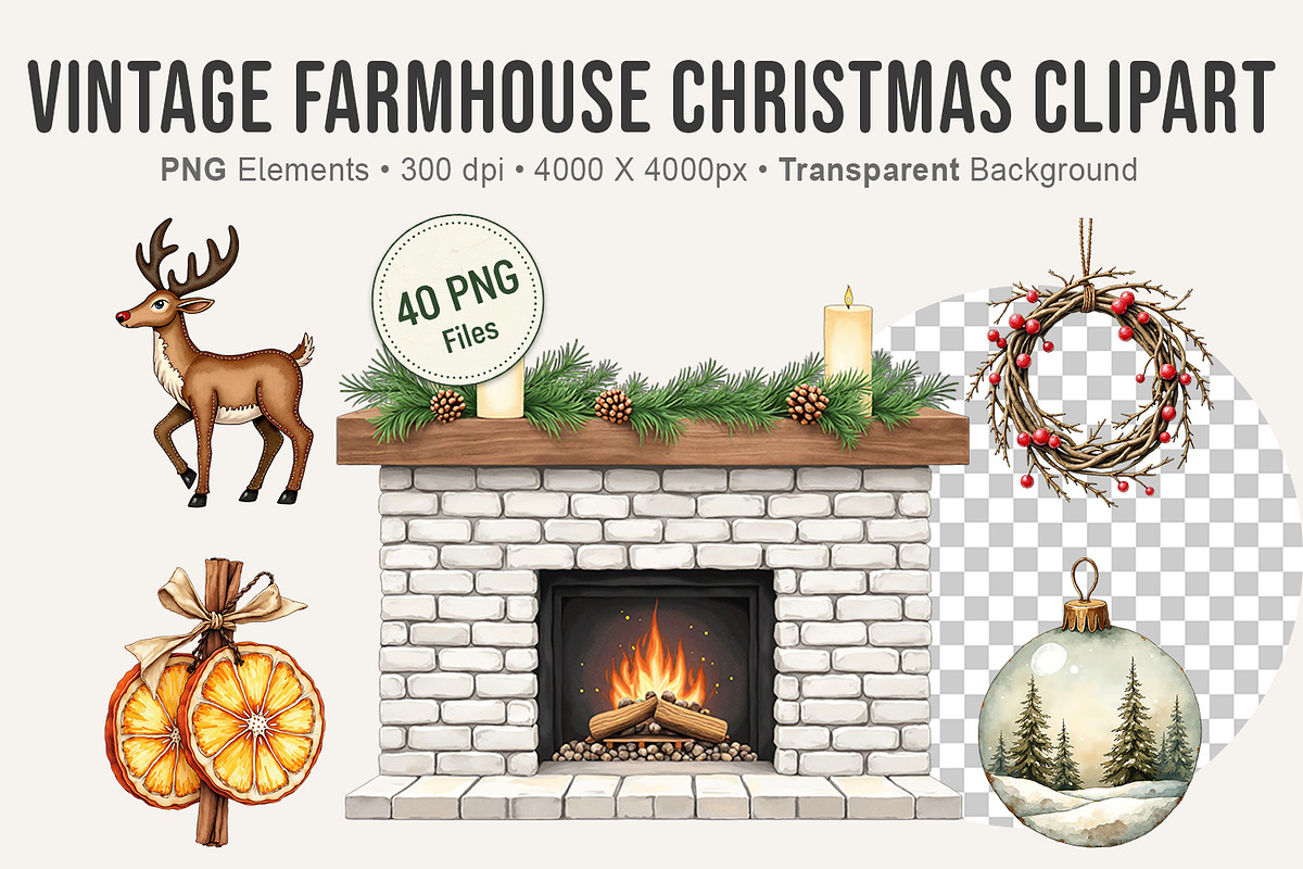 Vintage Farmhouse Christmas Clipart, an Illustration by Artnoy (Photo 1 of 8)